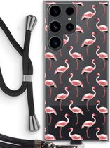 Case Company® - Hoesje met koord geschikt voor Samsung Galaxy S23 Ultra hoesje met Koord - Flamingo - Telefoonhoesje met Zwart Koord - Bescherming aan alle Kanten en Over de Schermrand