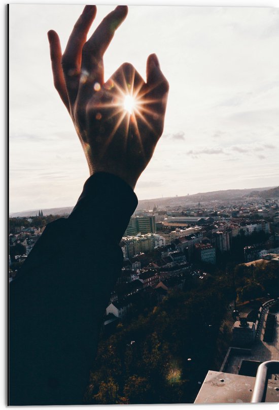 Dibond - Hand Waarbij de Zon door de Vingers komt - 50x75 cm Foto op Aluminium (Wanddecoratie van metaal)