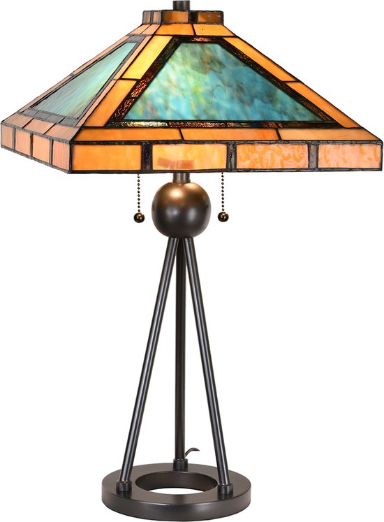 HAES DECO - Tiffany Tafellamp 61x61x73 cm Groen Bruin Metaal Glas Tiffany Bureaulamp Tiffany Lampen