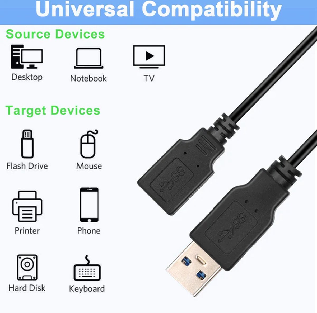 DIGITUS USB 2.0 Verlengkabel – 3,0 M – USB A Man Naar USB A Vrouw – 480 Mbit/s – Zwart