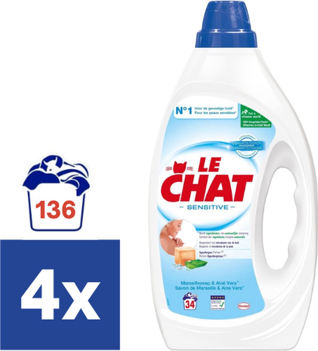 Goedkoopste Le Chat Sensitive Vloeibaar Wasmiddel - 4 x 1,7 l (136 Wasbeurten