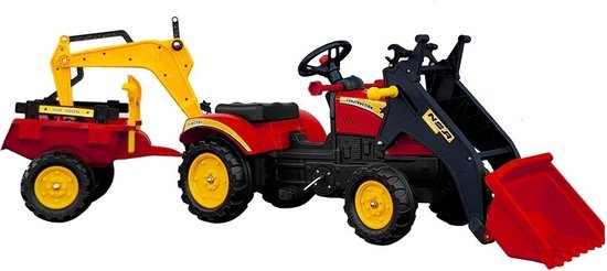 Grote Branson 3 in 1 traptractor - tractor - speelgoedtractor - bulldozer - met front lader en graafmachine inclusief aanhanger - trailer - vanaf 3 jaar zwart/rood