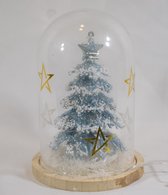 ZoeZo Design - glazen stolp met wit blauwe kerstboom - met verlichting - op batterijen - mini kerstboom - sneeuw en glitter - Ø 13 cm - hoogte 20 cm