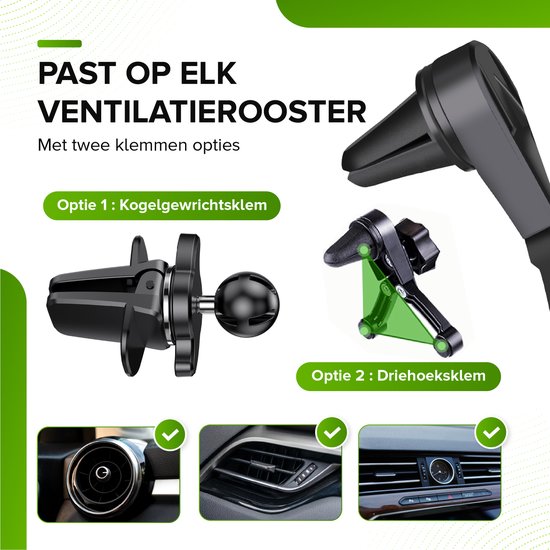 iSetchi Support Téléphone Voiture 3-en-1 - Ventouse Extra Robuste & 2 Pinces Grille d'Air - Support Voiture - Convient également aux Grilles Rondes - Universel - Pour iPhone, Samsung & Android