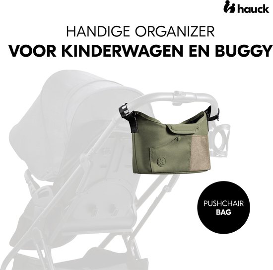Olijfgroene kinderwagentas met zwarte bandjes, bevestigd aan een kinderwagenhandvat. Tekst: 'HANDIGE ORGANIZER VOOR KINDERWAGEN EN BUGGY', 'hauck', 'PUSHCHAIR BAG'.