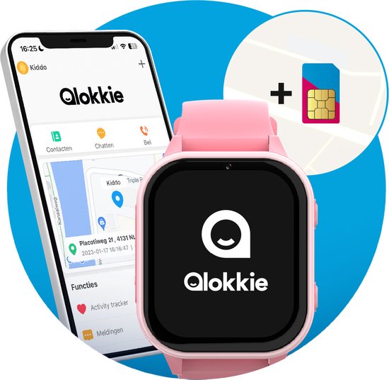 Qlokkie Kiddo 23 - GPS Horloge kind 4G - GPS Tracker - Videobellen - Veiligheidsgebied instellen - SOS Alarmfuncties - Smartwatch kinderen - Inclusief simkaart en mobiele app - Roze