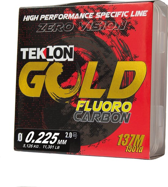 Teklon Gold Fluoro Carbon vislijn: 0,225 MM, 137M, 5,126 KG, 11,301 LB. Rode en zwarte verpakking.