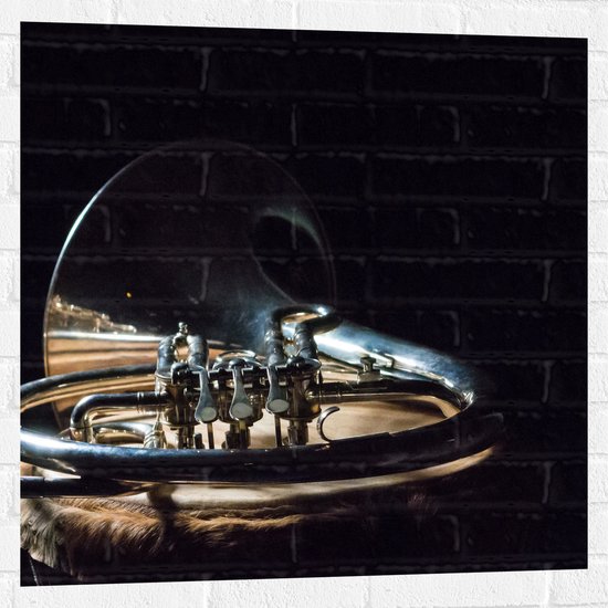 Muursticker - Liggend Gouden Blaasinstrument tegen Zwarte Achtergrond - 80x80 cm Foto op Muursticker