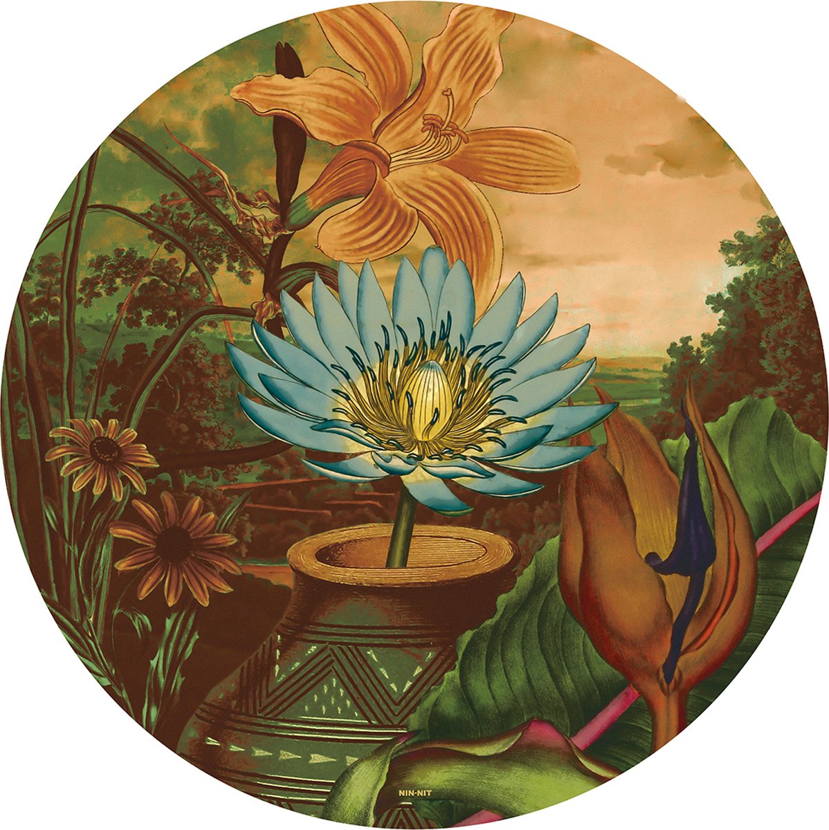 NIN-NIT - Meadow Dawn Wall-art - Wandcirkel - muurcirkel Ø90 cm - dibond - aluminium - botanisch - bohemian - eclectisch - lotusbloem - natuurprint - multicolor - bruin - blauw - groen - oranje