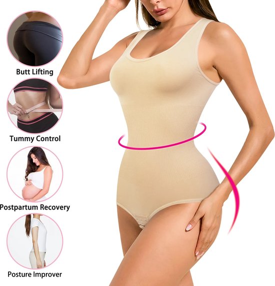 Vrouwen bodysuit, beige, met butt lifting, tummy control, postpartum recovery en posture improver.