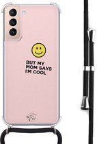 Hoesje met koord geschikt voor Samsung Galaxy S21 - I'm cool quote - Inclusief zwart koord - Crossbody beschermhoes - Transparant, Roze - Mooie Telefoonhoesjes