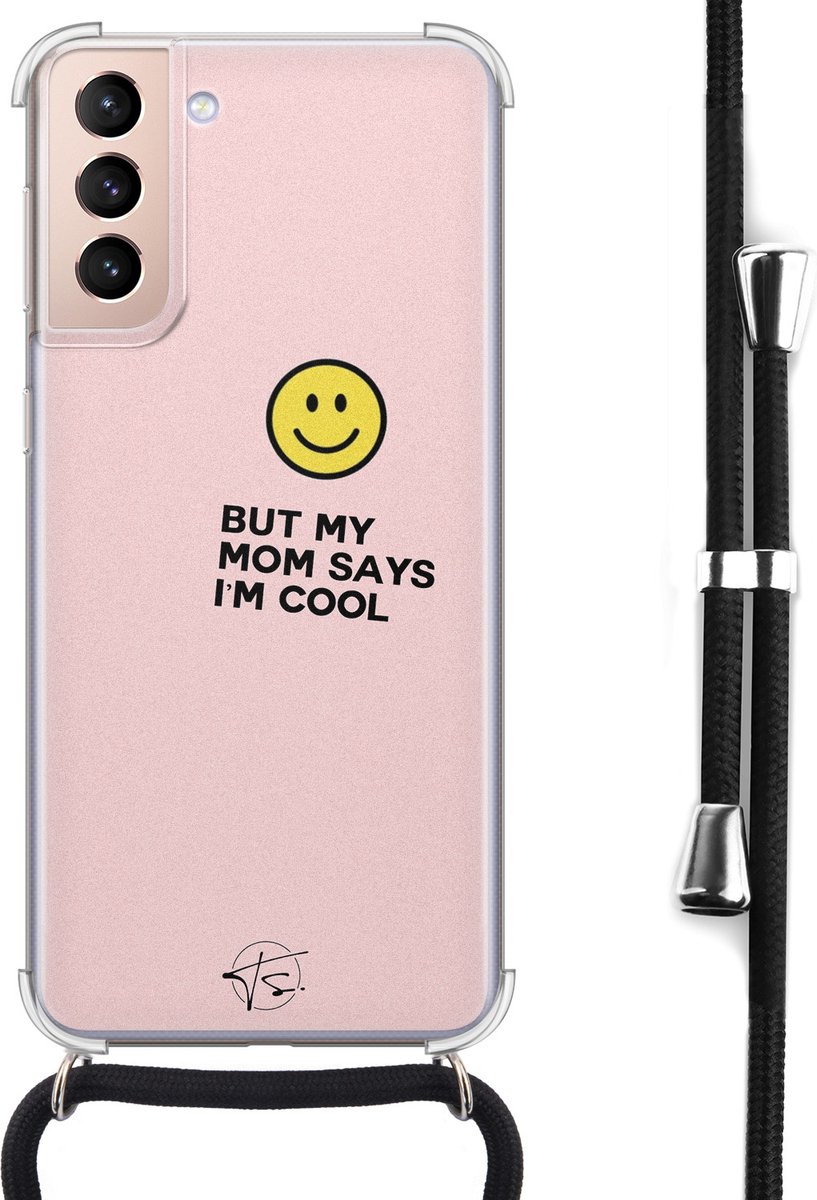 Hoesje met koord geschikt voor Samsung Galaxy S21 - I'm cool quote - Inclusief koord - Crossbody beschermhoes - Transparant, Roze - Mooie Telefoonhoesjes