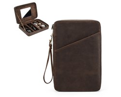 BUGOLINI Tobirama – Horloge & Bril Houder Met Ritssluiting - Retro Horloge & Bril Houder - Echt Leder Met Ingebouwde Spiegel – Geschikt Voor 2 Horloges & 2 Brillen – Met Tabletsleuf - Coffee