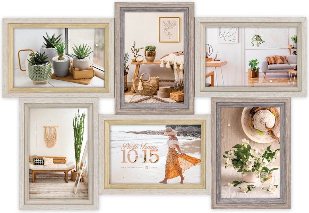 Zep Houten Multi Fotolijst ZARA 6Q in bruin tinten voor 6 foto's 10x15 (afmeting 47x32 cm) - VZ662