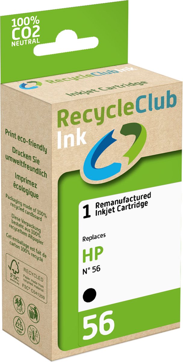 RecycleClub inktcartridge - Inktpatroon - Geschikt voor HP - Alternatief voor HP 56 Zwart 21ml - 461 pagina's
