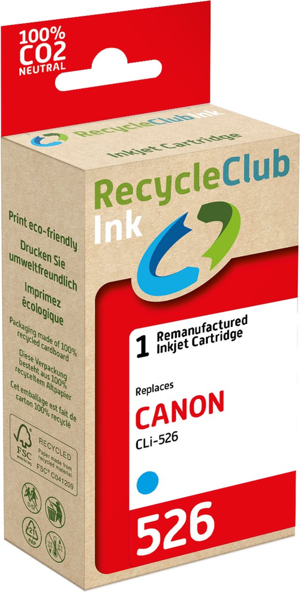 RecycleClub inktcartridge - Inktpatroon - Geschikt voor Canon - Alternatief voor Canon CLi-526 Cyaan - Blauw 9ml - 610 pagina's