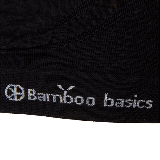 Close-up van een zwarte naadloze bh zonder beugel met de tekst 'Bamboo Basics' in grijze letters.
