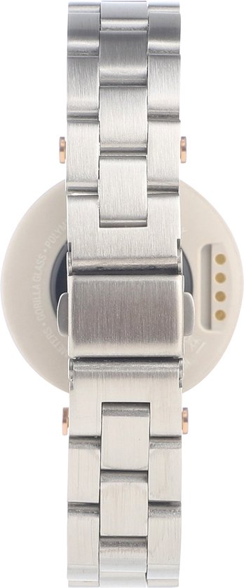 Bracelet de montre connectée en métal argenté avec des accents en or rose, arrière de la montre connectée visible.