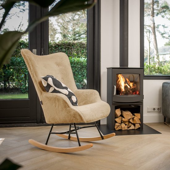 Aemely® Schommelstoel 'Mama' - Beige Imitatiebont, Blank Hout