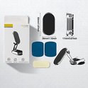 Doos met magnetische telefoonhouder, 2x blauwe en 1x beige plakstrips, magnetisch deel, en opvouwbare standaard.