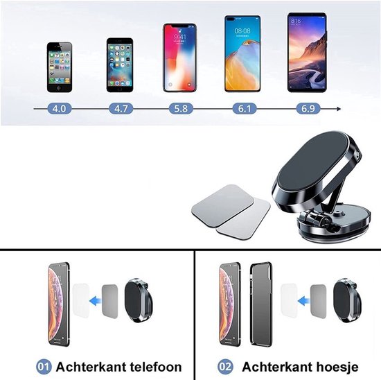 Magnetische telefoonhouder met standaard en 2 plakstrips, met indicatie telefoonmaten en montage.