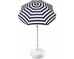 Blauw gestreepte lichtgewicht strand/tuin basic parasol van nylon 180 cm + vulbare parasolvoet wit van plastic
