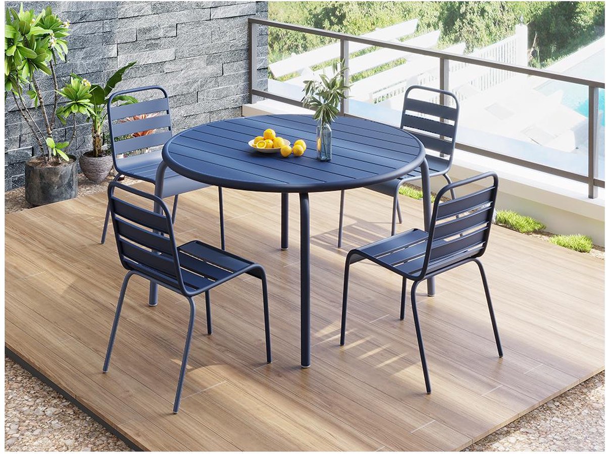 MYLIA Tuineetset MIRMANDE: tafel D.110 cm met 4 opstapelbare stoelen - Metaal - Nachtblauw L 110 cm x H 79 cm x D 110 cm