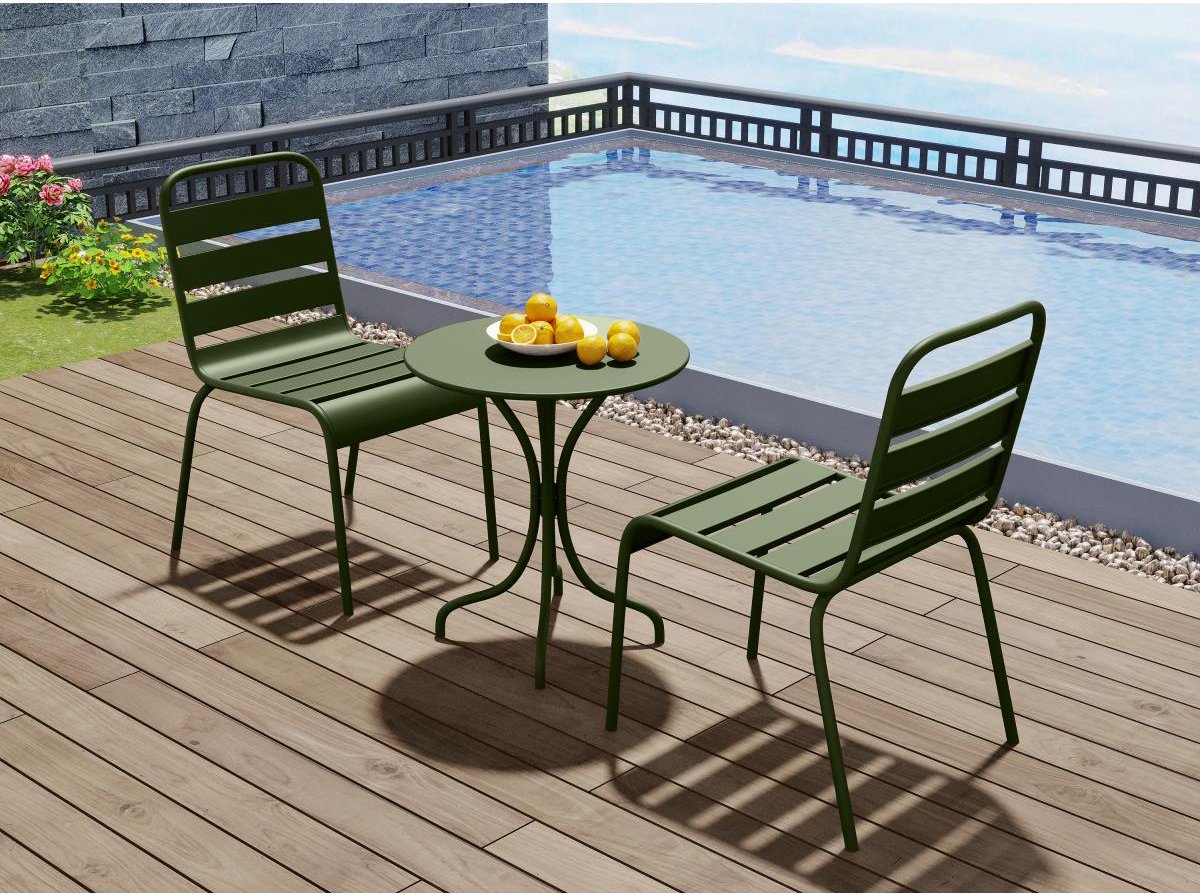 MYLIA Tuineethoek van metaal - Een tafel D60 cm en 2 opstapelbare stoelen - Kaki - MIRMANDE L 60 cm x H 79 cm x D 60 cm