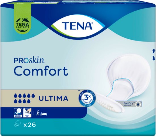 Verpakking TENA Comfort Ultima, 26 stuks. Met blauwe en witte opdruk. Een witte inlegger is zichtbaar.