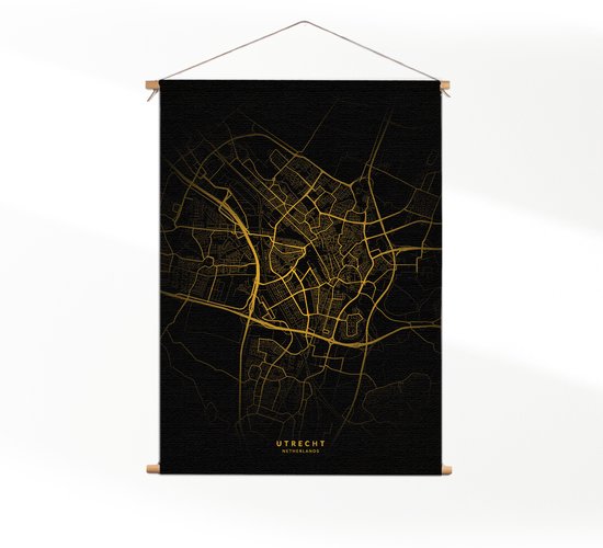 Textielposter Utrecht Plattegrond Zwart Geel L (85 X 60 CM) - Wandkleed - Wanddoek - Wanddecoratie