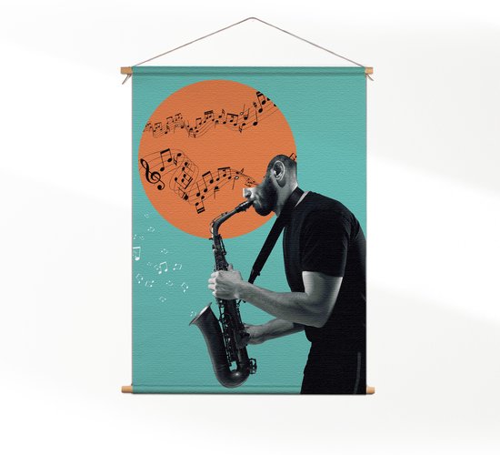 Textielposter Saxofonist XXL (165 X 120 CM) - Wandkleed - Wanddoek - Wanddecoratie