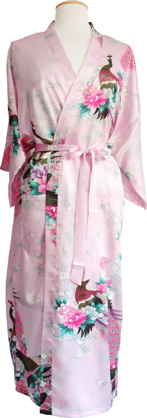 KIMU® Kimono Lichtroze 7/8e - Maat XL-XXL - Yukata Satijn Boven de Enkel - Lange Roze Ochtendjas Japanse Kamerjas Sexy Satijnen Badjas Geisha Pauw Jas Festival