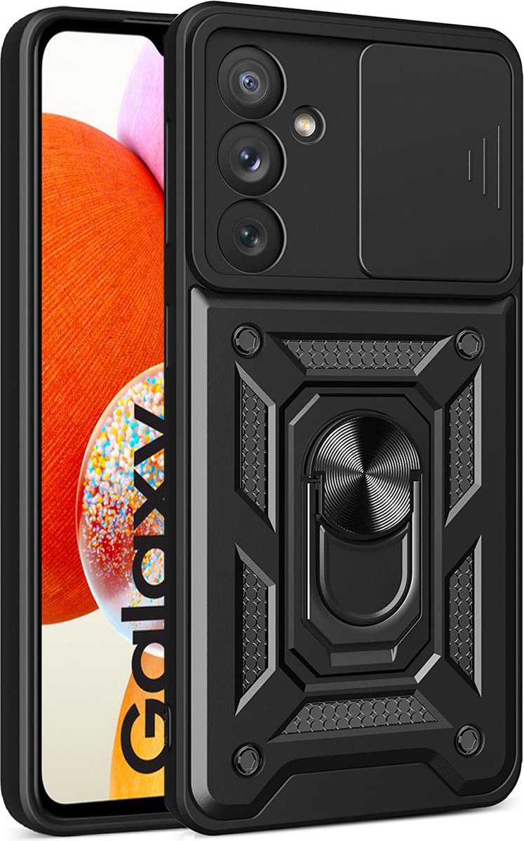 Samsung Galaxy A14 hoesje met Ringhouder en Camera schuifje - shockproof case - Zwart