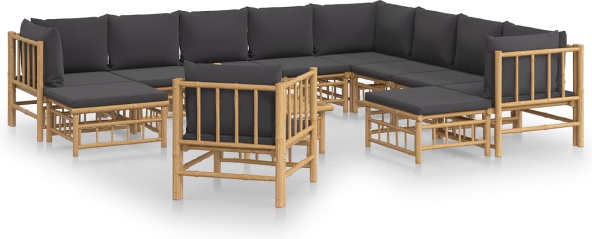 vidaXL 12-delige - Loungeset - met - kussens - bamboe - donkergrijs