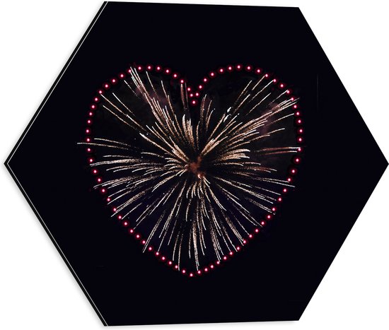 Dibond Hexagon - Vuurwerkpijl in Hart van Rode Lampjes - 40x34.8 cm Foto op Hexagon (Met Ophangsysteem)