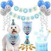 Ensemble d'anniversaire pour chien 20 pièces Happy Birthday bleu, blanc, noir et or - chien - animal de compagnie - anniversaire - guirlande - ballon - bandana - chapeau