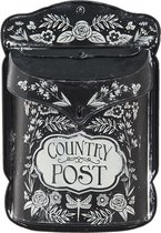 HAES DECO - Brievenbus vintage zwart metaal met witte bloemen bedrukt en tekst "COUNTRY POST", formaat 26x10x35 cm