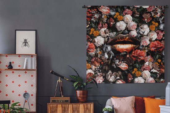 Wandkleed - Wanddoek - Lippen - Bloemen - Verf - Oranje - Kunst - Abstract - Oude meesters - 120x120 cm - Wandtapijt