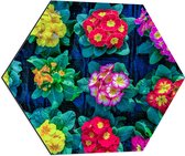 Dibond Hexagon - Patroon van Gele en Roze Bloemboeketjes - 60x52.2 cm Foto op Hexagon (Met Ophangsysteem)