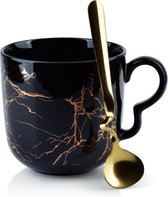 Affekdesign Libby Marble porseleinen mok met marmer look 480ml zwart - inclusief uniek gouden lepel - koffiemok - theemok - exclusieve en elegante uitstraling