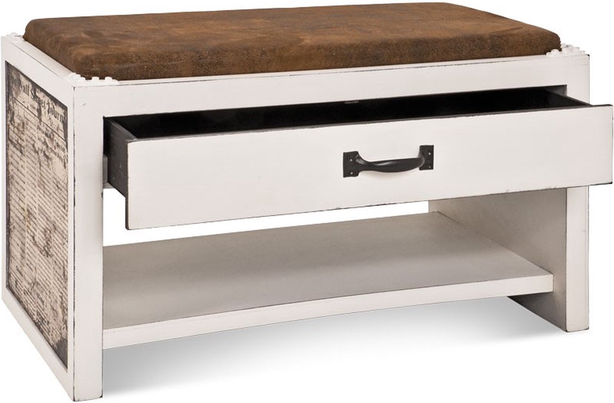 Hocker – Massief hout vintage look – Leatherlook zitting met lade – 72 cm breed, 38 cm diep, 42 cm hoog