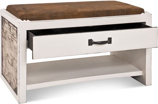 HakuShop Hocker | Look Vintage Bois Massief | Siège aspect cuir | Avec tiroir | 72x38x42