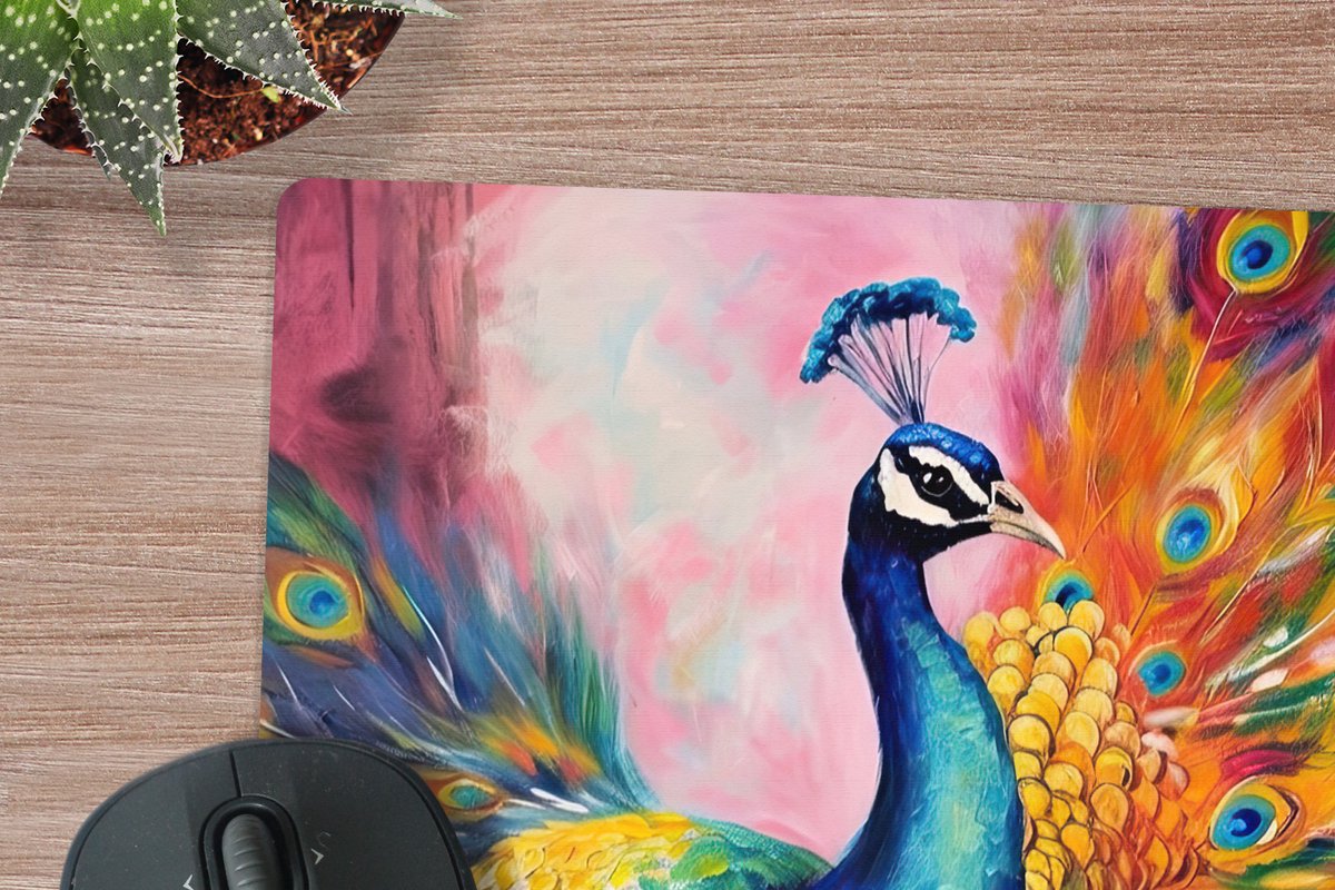 Muismat XXL 40x40 cm - Bureau onderlegger - Bureau mat Pauw - Dieren - Schilderij - Regenboog - Bureaumat - Gaming mousepad xl - Bureaulegger groot - Computer deskmat