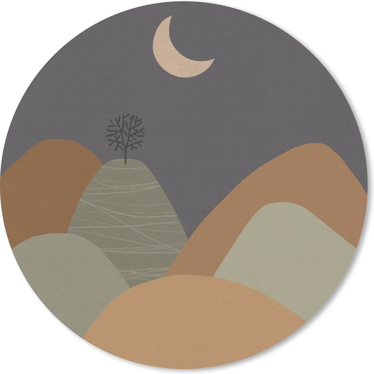 Muismat rond 20x20 cm - Mousepad Bergen - Boom - Maan - Pastel - Ronde muismatten