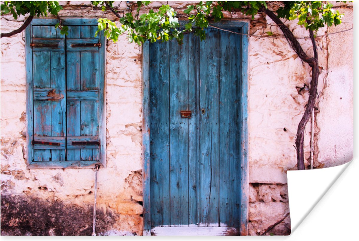 Vintage - Deur - Huis - Blauw - Boom