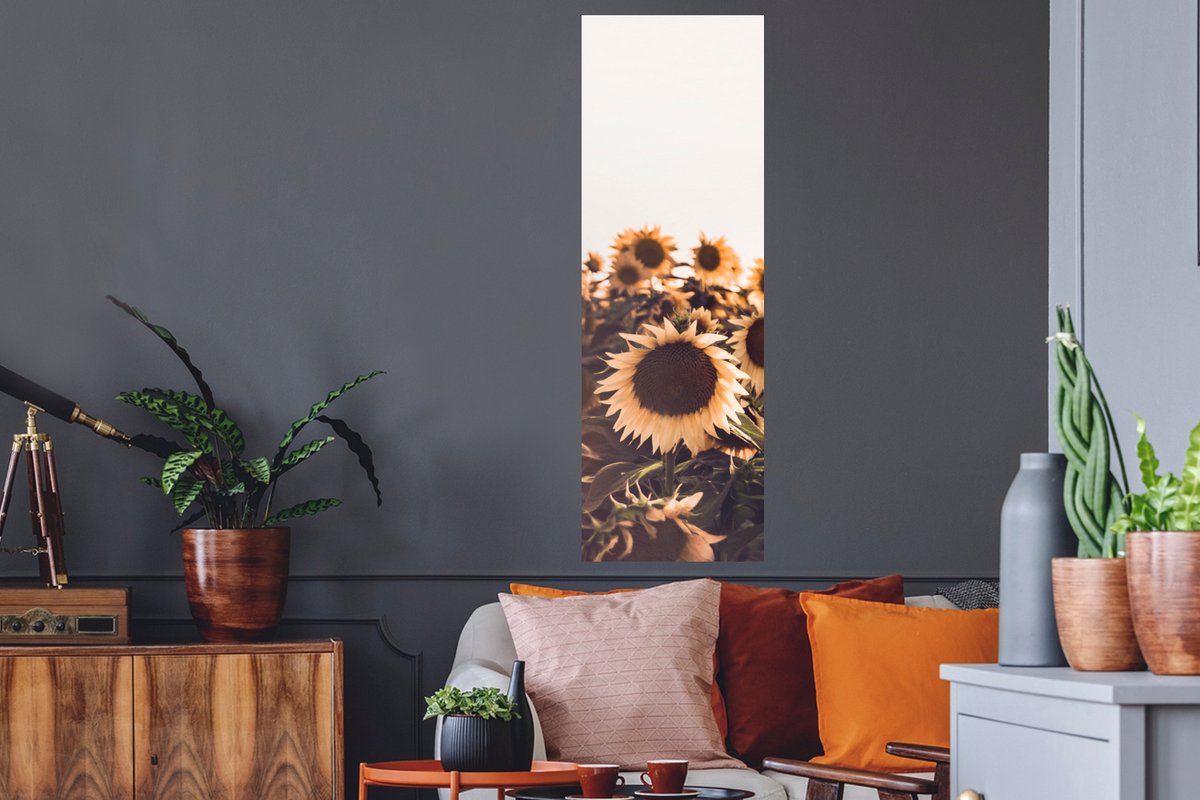 Muurstickers - Sticker Folie - Zonnebloemen - Veld - Zonsondergang - Bloemen - Geel - 40x1