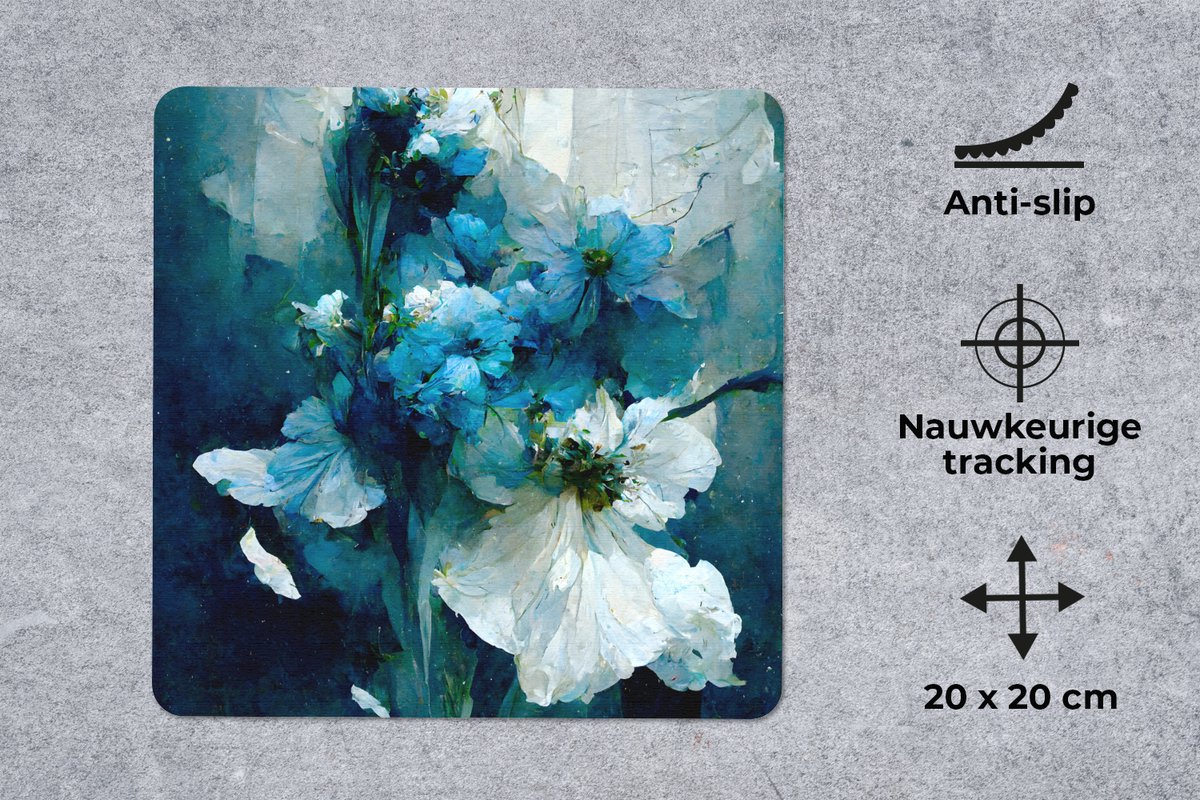 Muismat 20x20 cm - Mousepad Bloemen - Boeket - Verf - Blauw - Muismatten