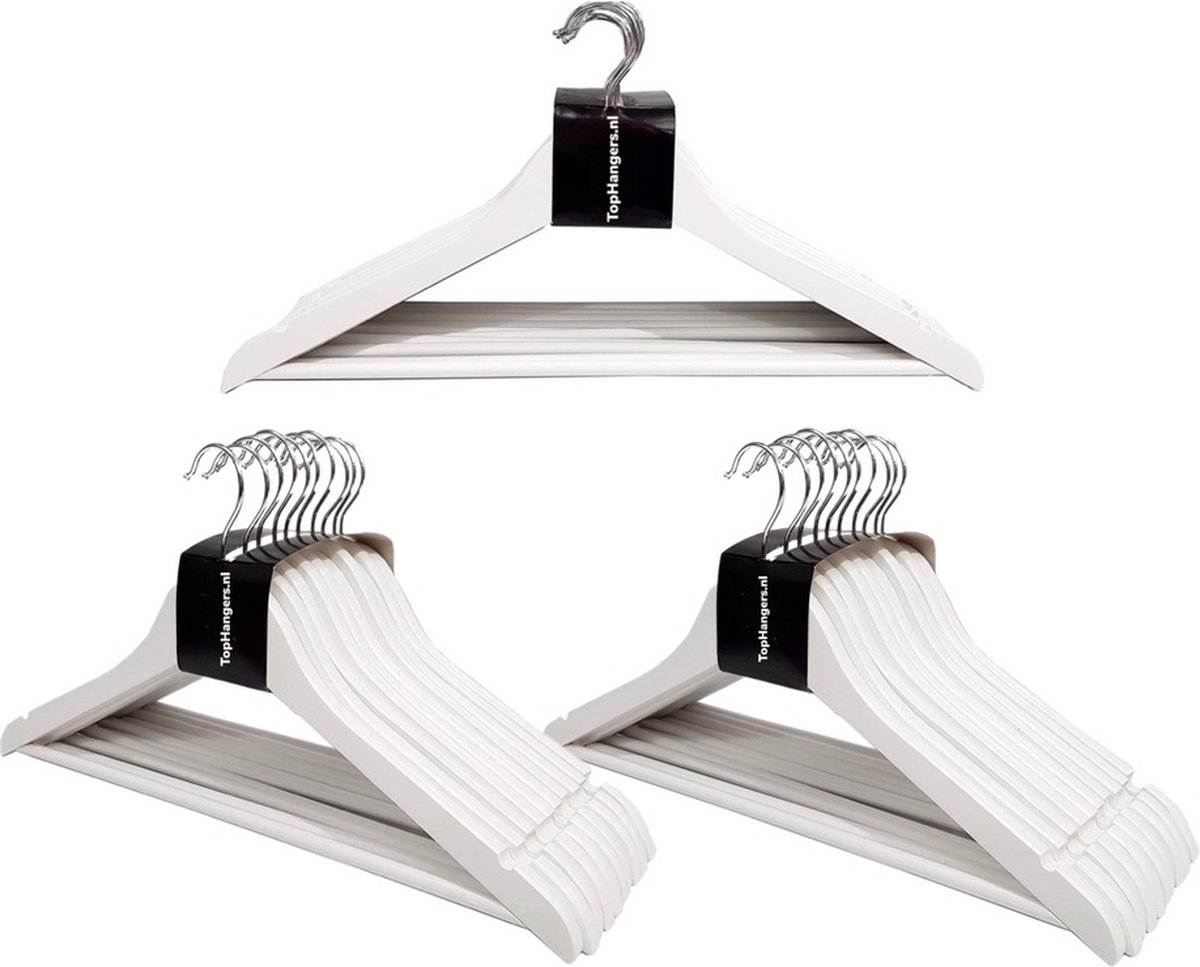 TopHangers [Set van 30] - Wit gelakte houten kledinghangers / combihangers met handige broeklat en rokinkepingen perfect voor alle soorten kleding