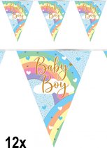 12x Vlaggenlijn pastel baby boy regenboog Holograpic - Vlaglijn geboorte thema feest party