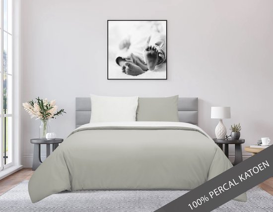 DoubleDry Dekbedovertrek 100% Percal Katoen - Eenpersoons 140x200/220 cm + 1 Kussensloop - Zacht, Ademend en Huidvriendelijk - Greige/Wit van DoubleDry — afbeelding 2